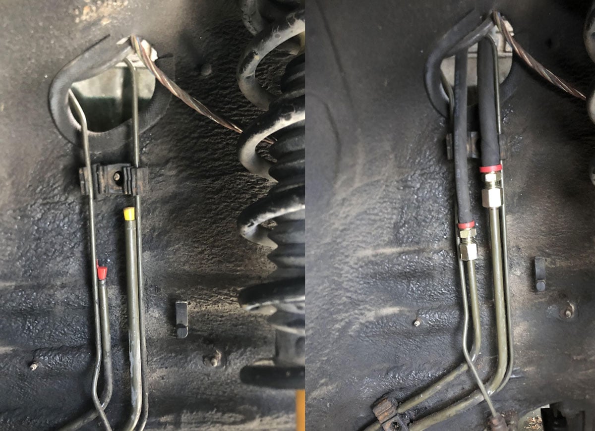 New Porsche 944 fuel lines installed with compression fittings in the wheel well